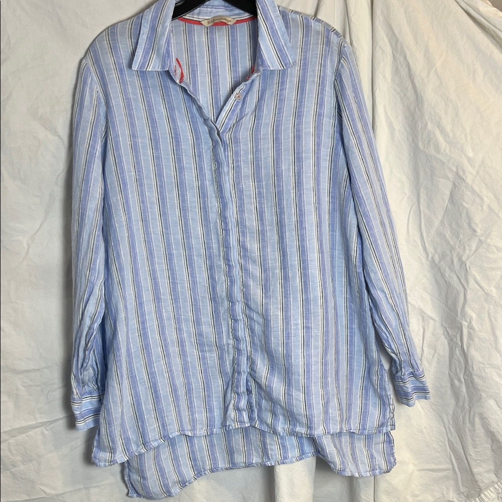Soft Surroundings Blue and White Striped Linen Button-Down Shirt Size Large